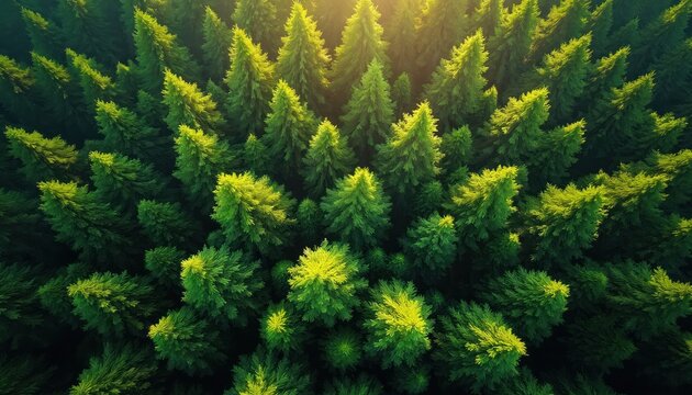 Aerial view of dense green forest with tall coniferous trees. Sunlight filters through canopy. Eco-friendly timber forest with sustainable trees. Forest conservation, reforestation efforts. Green