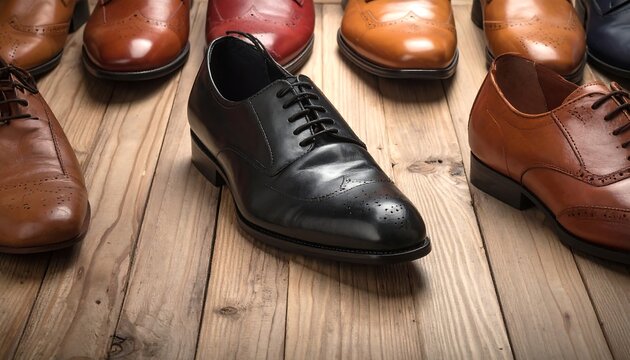 Classic black leather oxford shoes arranged on a wooden surface, showcasing meticulous craftsmanship and timeless style