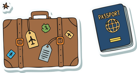 Brown suitcase and blue passport sitting on white surface representing international travel and adventure, evoking feelings of excitement and anticipation.