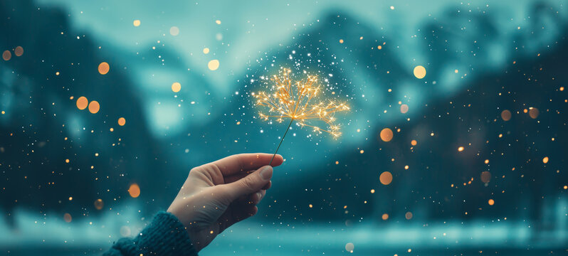 Hand holding a sparkling sparkler in twilight forest, bright starburst light, bokeh background, magical festive mood, celebration, shallow depth of field, joyful serene atmosphere, medium shot