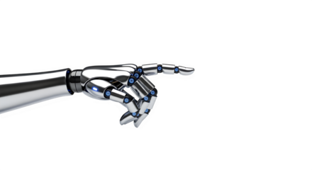 Futuristic chrome robotic hand pointing with metallic fingers isolated on transparent background
