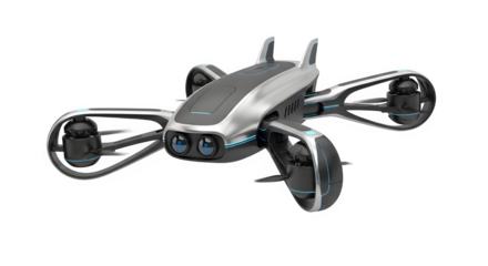 Futuristic silver drone with four propellers and sleek design isolated on transparent background