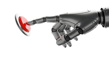 Robotic hand pressing a red button isolated on transparent background