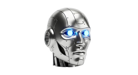 Futuristic metallic robot head with glowing blue eyes isolated on transparent background