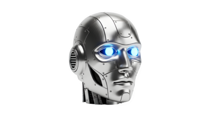 Futuristic metallic robot head with glowing blue eyes isolated on transparent background