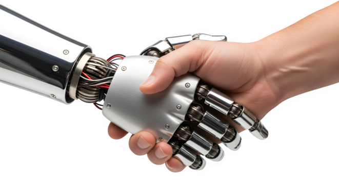 Human hand and robotic hand shaking in agreement and partnership isolated on transparent background