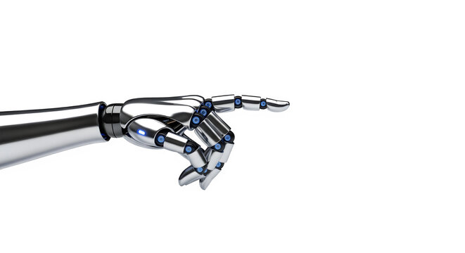 Futuristic chrome robotic hand pointing with metallic fingers isolated on transparent background