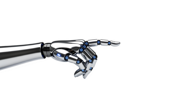 Futuristic chrome robotic hand pointing with metallic fingers isolated on transparent background