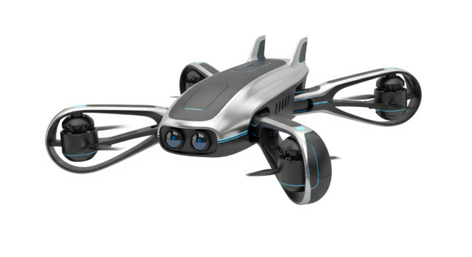 Futuristic silver drone with four propellers and sleek design isolated on transparent background