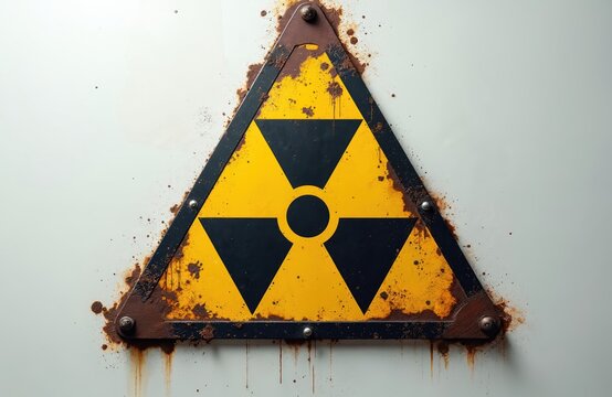 Rusty radioactive hazard sign. Yellow triangle with black trefoil symbol. Danger warning notice on weathered metal surface. Atomic power caution symbol against white background. Emergency alert.