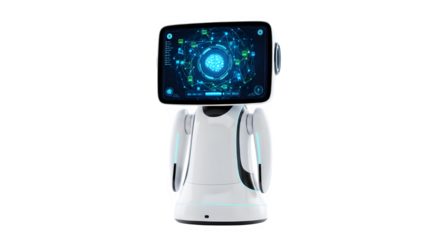 Modern white humanoid robot with a glowing futuristic screen on its head isolated on transparent background