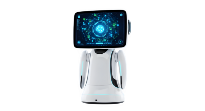 Modern white humanoid robot with a glowing futuristic screen on its head isolated on transparent background