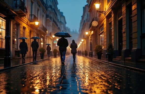 Rain falls on a historic city street at night. Warm street lights reflect on wet cobblestones. People walk with umbrellas. Old buildings create a mysterious urban mood scene.