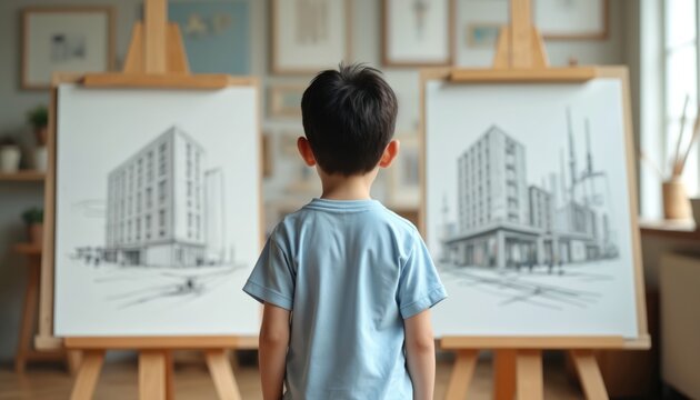Child examines architectural sketches on easels inside bright room. Kid faces drawing of building design. Boy considers artwork idea concept. Future architect is studying or learning.