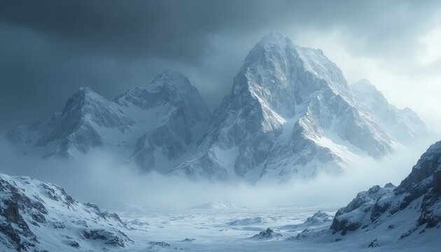 Dramatic frozen mountain landscape with majestic snow-covered peaks under dark, cloudy sky. Vast icy valleys extend below, shrouded in mist. Cold, desolate environment suggests harsh winter