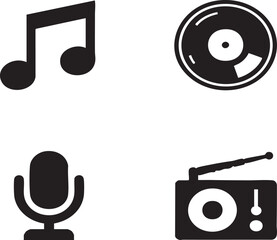 Music symbols representing sound and radio broadcasting, vinyl record, microphone, and musical note, isolated on white, in a minimalist style.