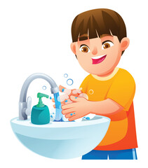 Boy cleaning his hands thoroughly with water and pump soap for good sanitation. Vector cartoon illustration