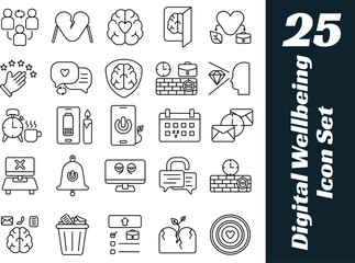 Digital Wellbeing Icon Set &mdash; Mindful Living, Minimal Line Icons for Self Care, Productivity & Mental Health