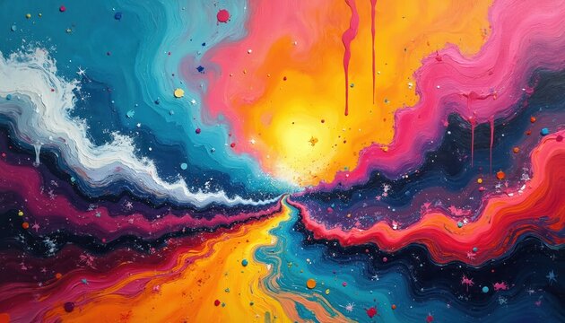 Vibrant abstract painting with swirling colors. Bright yellow center radiates outward in shades of pink, orange, blue. White, red, purple accents. Colorful splatters, drips add texture. Modern art