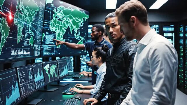 High-tech operations center with team analyzing global data on large digital screens, symbolizing cybersecurity and intelligence. - Powered by Adobe