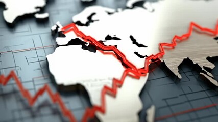 Global financial crisis concept showing economic market decline. A sharp red line graph on the world map illustrates the worldwide downturn and instability. - Powered by Adobe