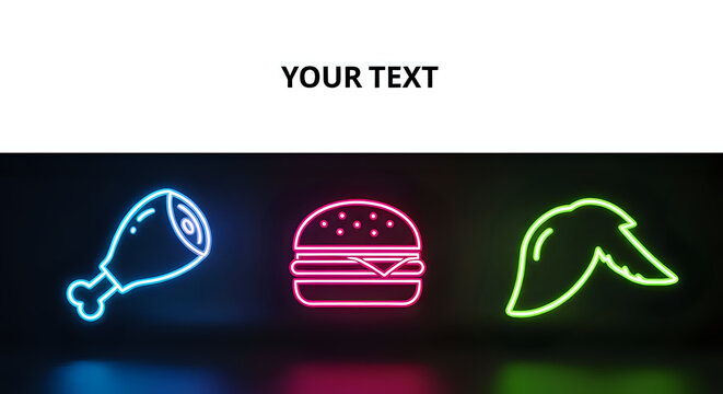 Electrifying neon fast food icons featuring a burger, chicken leg, and chicken wing create a vibrant and modern design perfect for restaurant menus or food promotions
