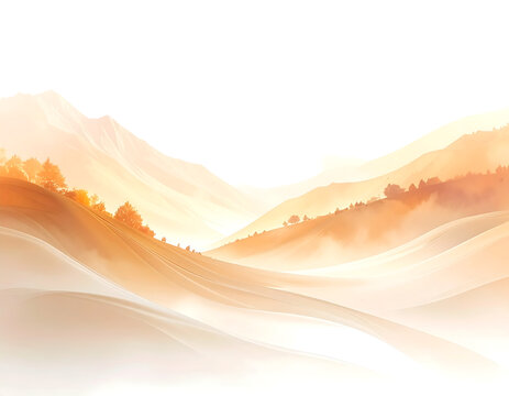 A sunlit, dreamy vista of rolling hills, shrouded in morning mist and subtle gradients of warm colors, with a suggestion of trees