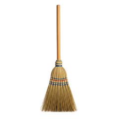 A traditional cleaning tool, a broom, features a wooden handle, tied bristles and a tapered, sweeping head, ideal for floors