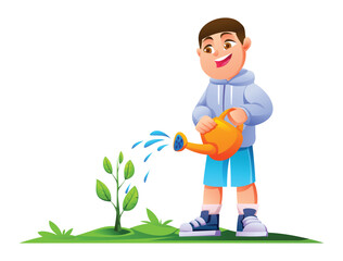 Cheerful boy watering a young sprout with watering can on a small grassy patch. Vector cartoon illustration