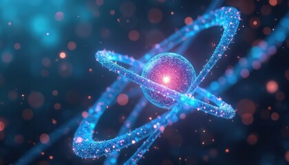 Close-up atom model glows with energetic nucleus, orbiting electrons. Futuristic digital particle structure with blue light trails, bokeh background. Abstract science research, nuclear power concept.