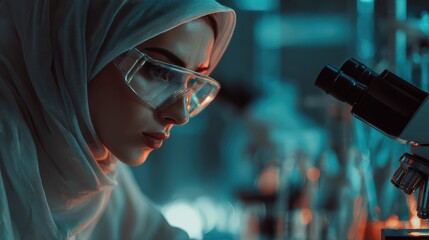 Woman in hijab conducting research in a laboratory with a microscope in the evening light
