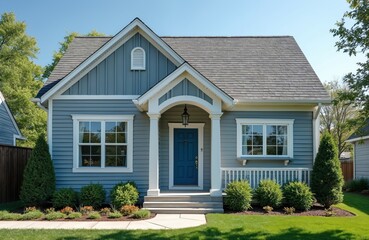 Gray siding house features a bold blue front door and arched entryway. Slate checkered roof complements landscaping. Bright windows offer glimpses inside this charming residential property.