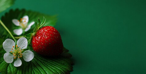 Red strawberry with white flowers and green leaves 1