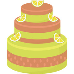 A Three Tier Cake Decorated With Yellow And Orange Frosting And Lemon Slices On Top And Sides In A Studio Setting