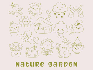 Cute Nature Garden Clipart Set, Kawaii Doodle Illustrations with Flowers, Trees, Bunny, Sun, Cloud, Rainbow, and Garden Elements