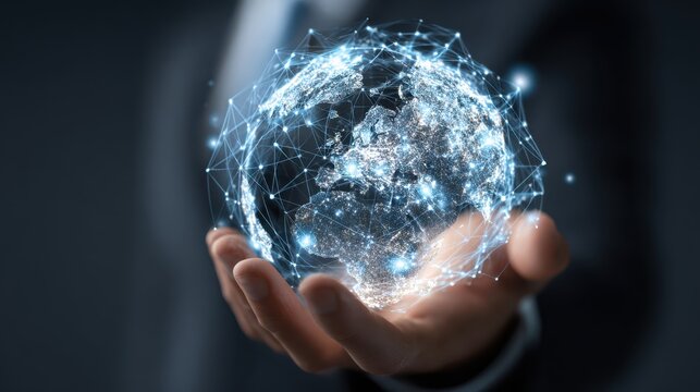 Digital globe held by a business professional showcasing global connectivity and innovation in modern technology