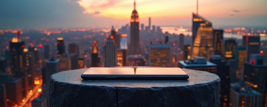 Sleek modern smartphone rests on a rough stone podium. Background shows a blurred cityscape at dusk with glowing lights from buildings. This image conveys innovation and urban tech.