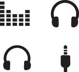 Audio equipment symbols representing sound, headphones, and audio jack arranged on white surface, conveying technology and music.