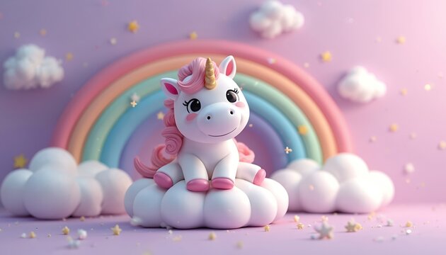 Cute cartoon unicorn sits on fluffy cloud. Pastel rainbow forms background. Stars sparkle on pink purple sky. Small magical animal looks happy and cheerful. - Powered by Adobe