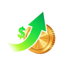 A vibrant graphic depicts financial growth. A green upward arrow ascends near a gold coin and a dollar sign, all against a stark black background