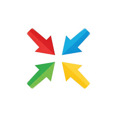 A vibrant graphic features four converging arrows, each a different primary color, set against a solid black backdrop