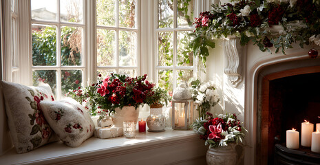 Naklejka premium Christmas window sill and fireplace