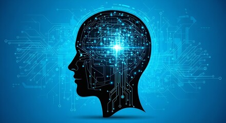 Obraz premium Cyber Technology Concept Vector – Data Flow Circuit Board within Abstract Human Head Profile, Artificial Intelligence Design on Dark Blue Background