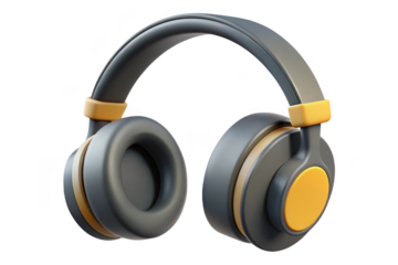3d rendering of modern headphones for audio listening and entertainment, music device, gray and yellow design, studio quality isolated on transparent background