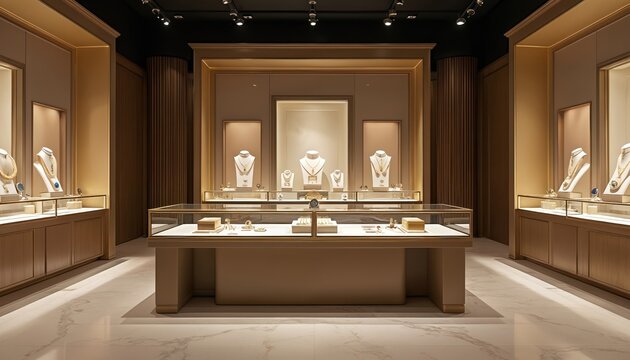 Elegant jewelry store interior with glass display cases showing necklaces, rings. Luxury retail space features warm lighting, rich wood accents for high-end shopping experience. Many items for sale.