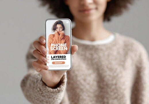 Woman holding smartphone in front of her. Mobile design mockup.