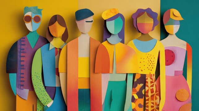 Colorful paper cutout figures stand together against a vibrant abstract background in a creative studio setting