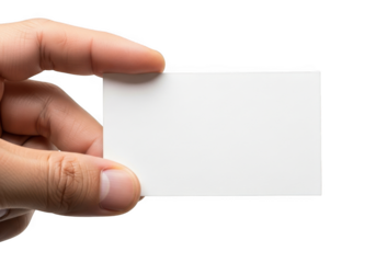 Hand holding blank white business card mockup template for text or logo presentation and promotion isolated on transparent background