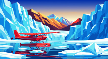 Scenic illustration of a red seaplane parked on calm water surrounded by icebergs and mountains at sunset