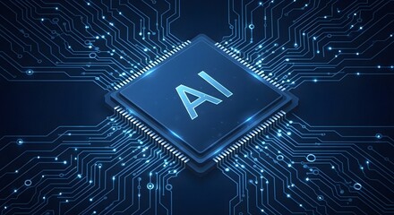 Futuristic Digital Design Concept &ndash; Glowing Line Circuit Board with AI Chip and Text on Dark Blue Technology Background, Artificial Intelligence Vector Illustration